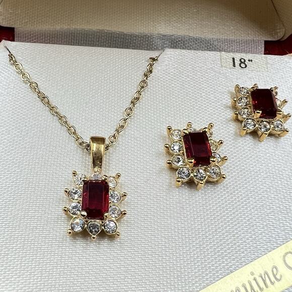 Roman Gold Tone Red Clear Rhinestone Necklace and Earrings Set Dainty Elegant - Picture 1 of 6